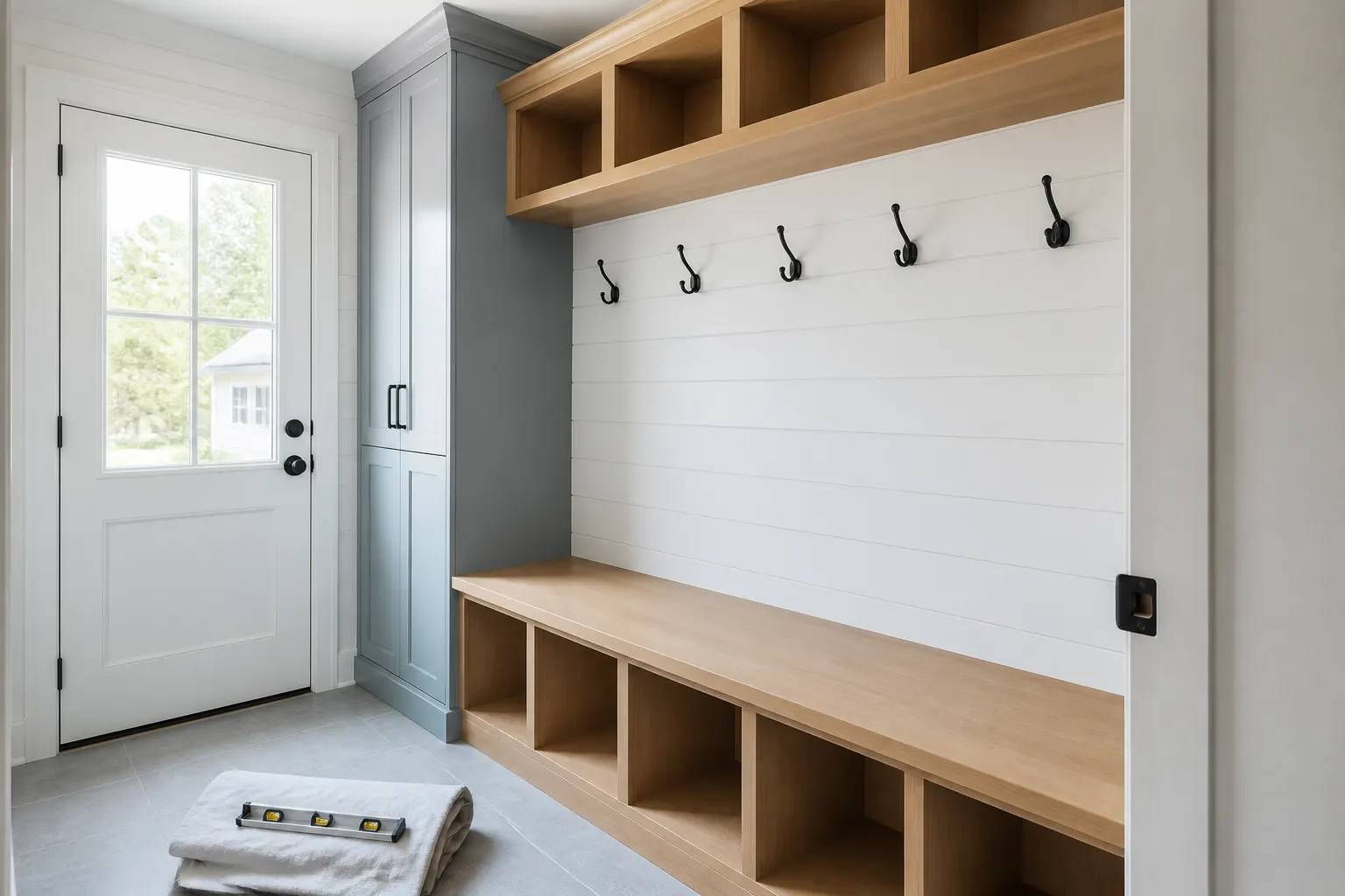 Custom mudroom built-in with bench and storage